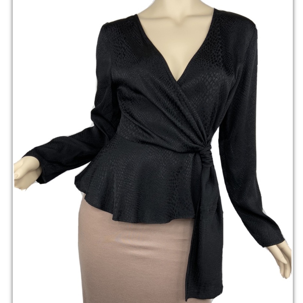 H&M Satin Snake Print Solid Black Sash Blouse Top